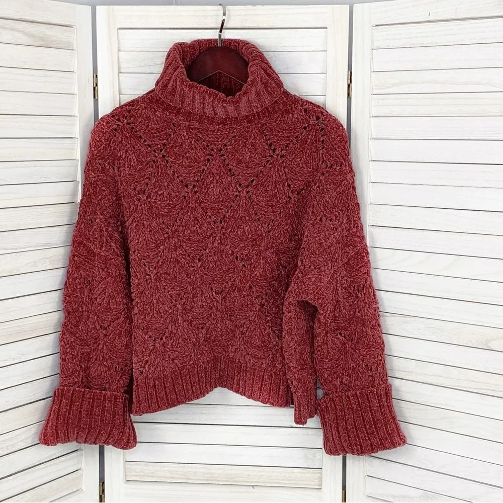 POL Chenille Chunky Knit Turtleneck Crop Pullover Maroon Red Medium‎ - Image 8