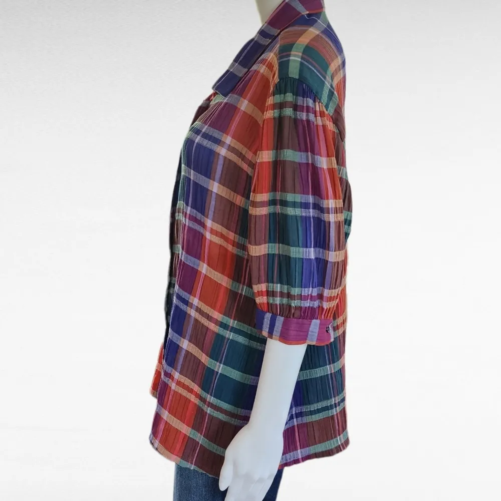 Vintage Lady Caribou 80s Red & Blue Striped Gauze Puff Sleeve Button Down XL - Image 2