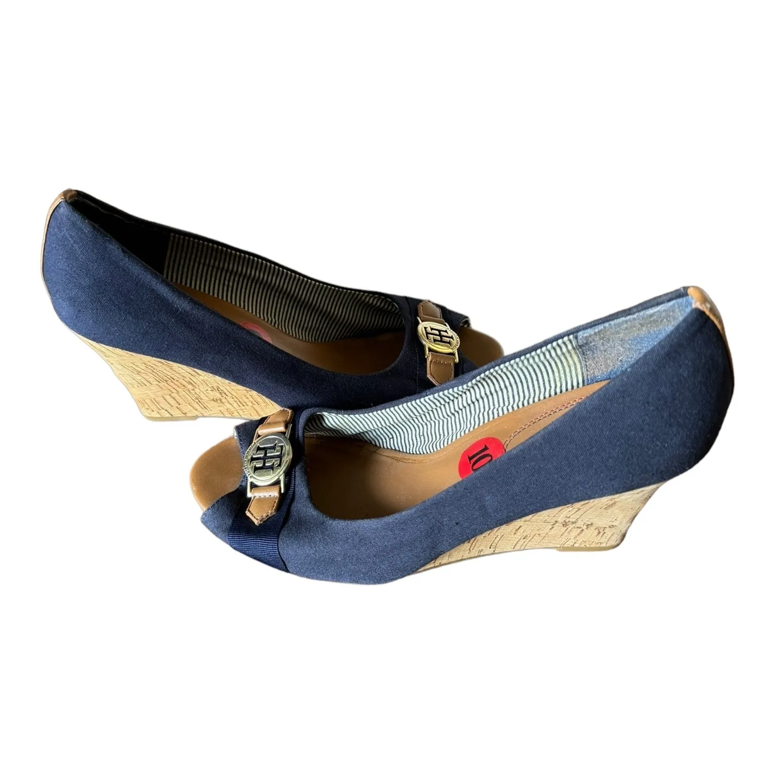 Tommy Hilfiger Navy peep toe wedges with gold accent summer preppy size 10 - Image 14