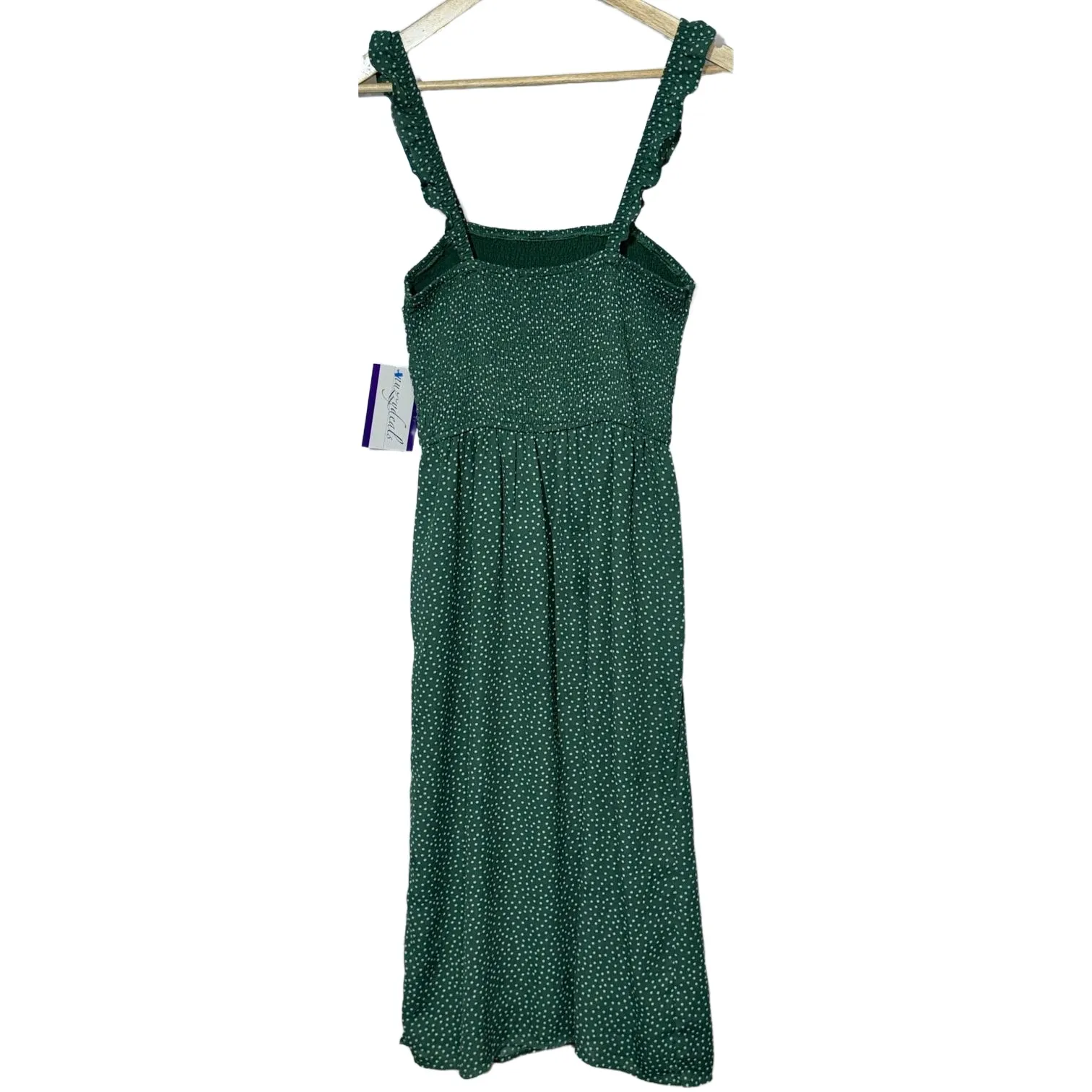 NEW Abercrombie & Fitch Green White Polka Dot Ruffle Smocked Midi Dress Size M - Image 3