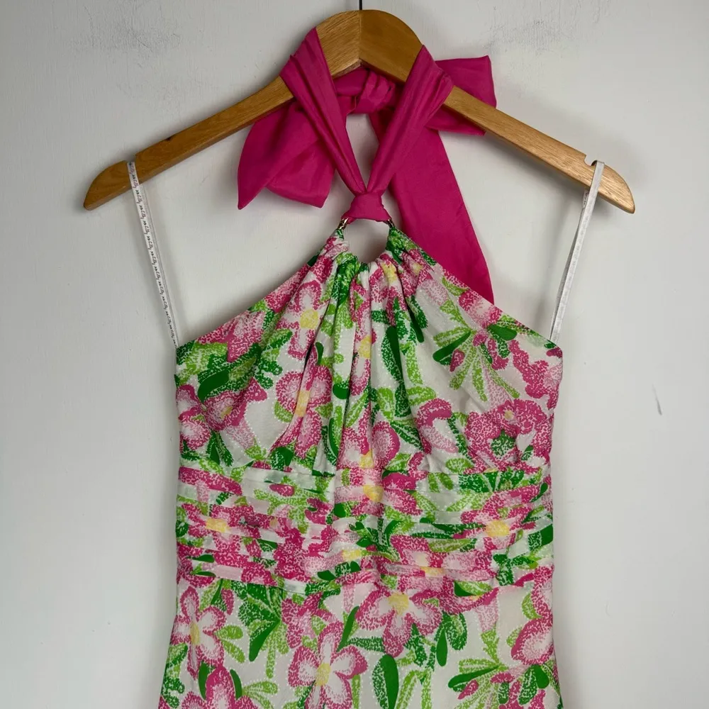 Lilly Pulitzer Floral Midi Dress Sz 2 Cotton Silk Blend Halter Neck Bow Tie Back - Image 3