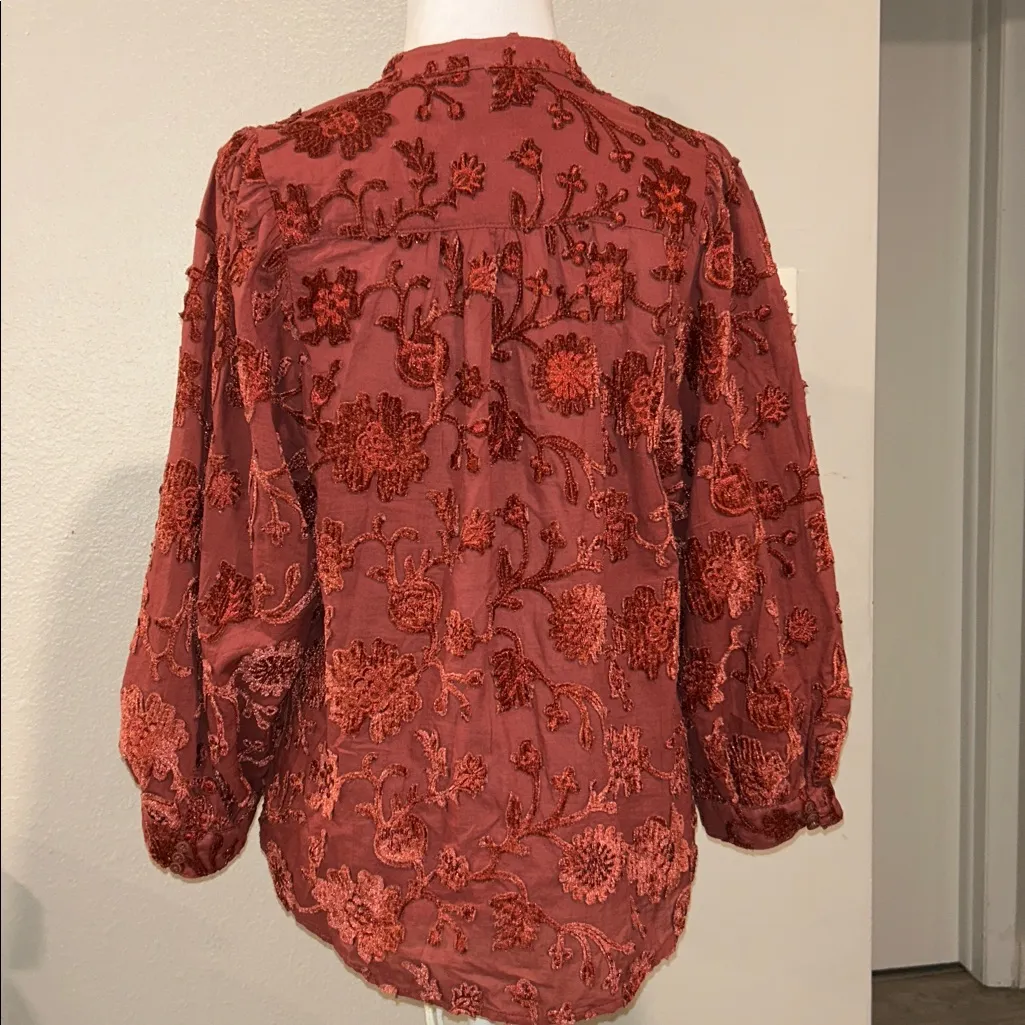 Pilcro Rust Floral Velvet Button Blouse Boho Top Size S - Image 8