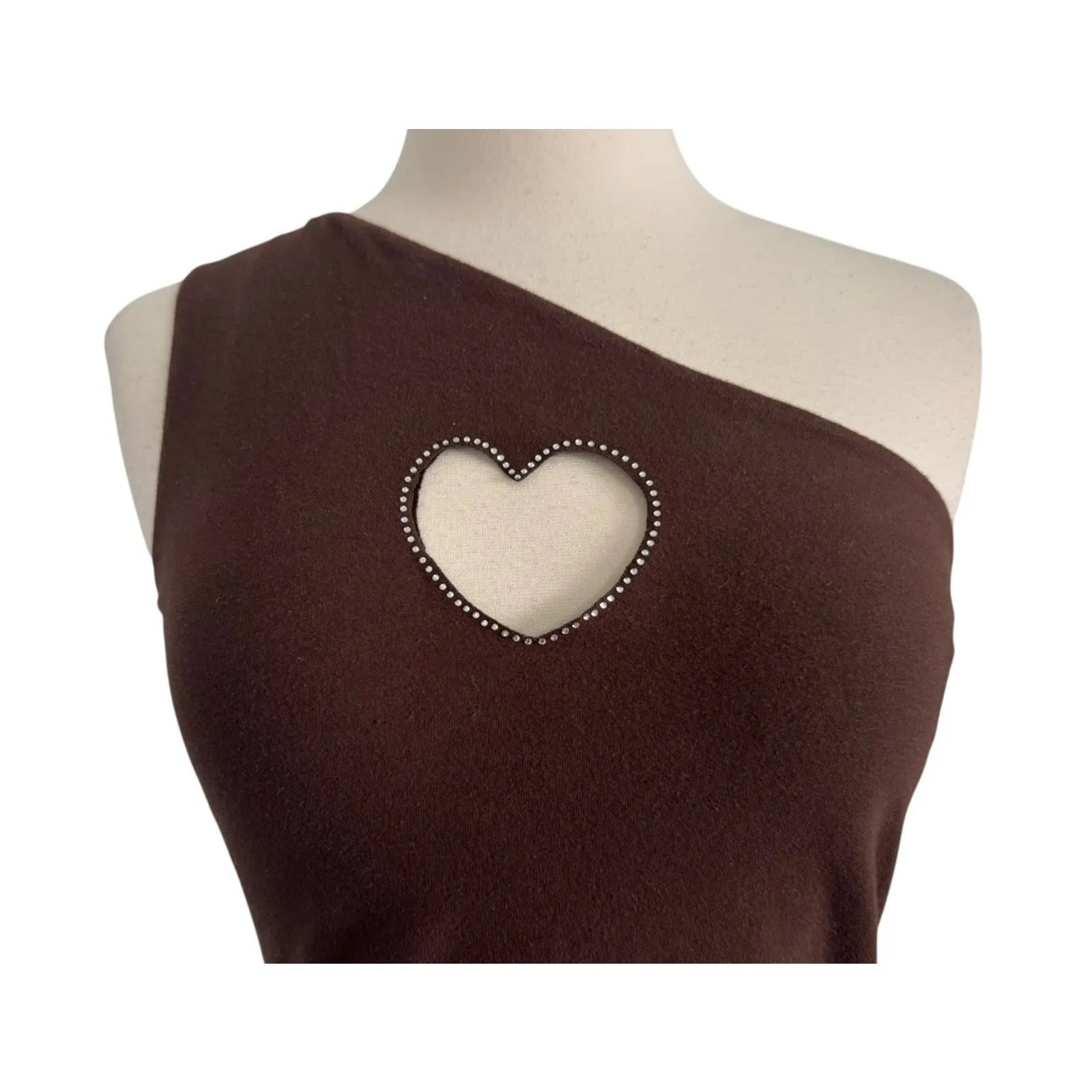 Y2K HOLLISTER Heart Rhinestone Cut Out One Shoulder Tank Top Chocolate Brown S - Image 3