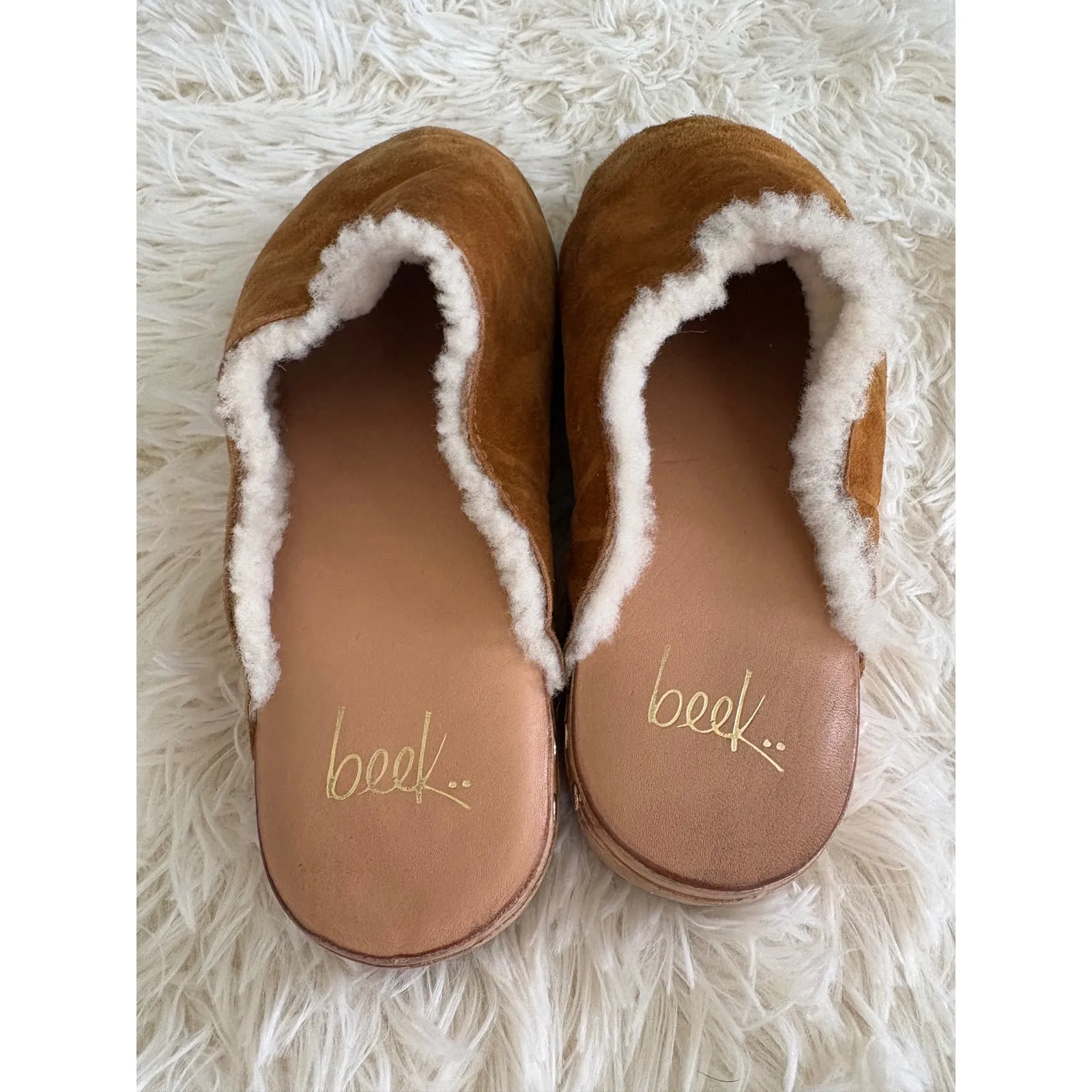 Beek‎ Anthropology Suede Clogs Shearling Lined Wooden Platform Slip On Mules Brown Size 5 - Image 5