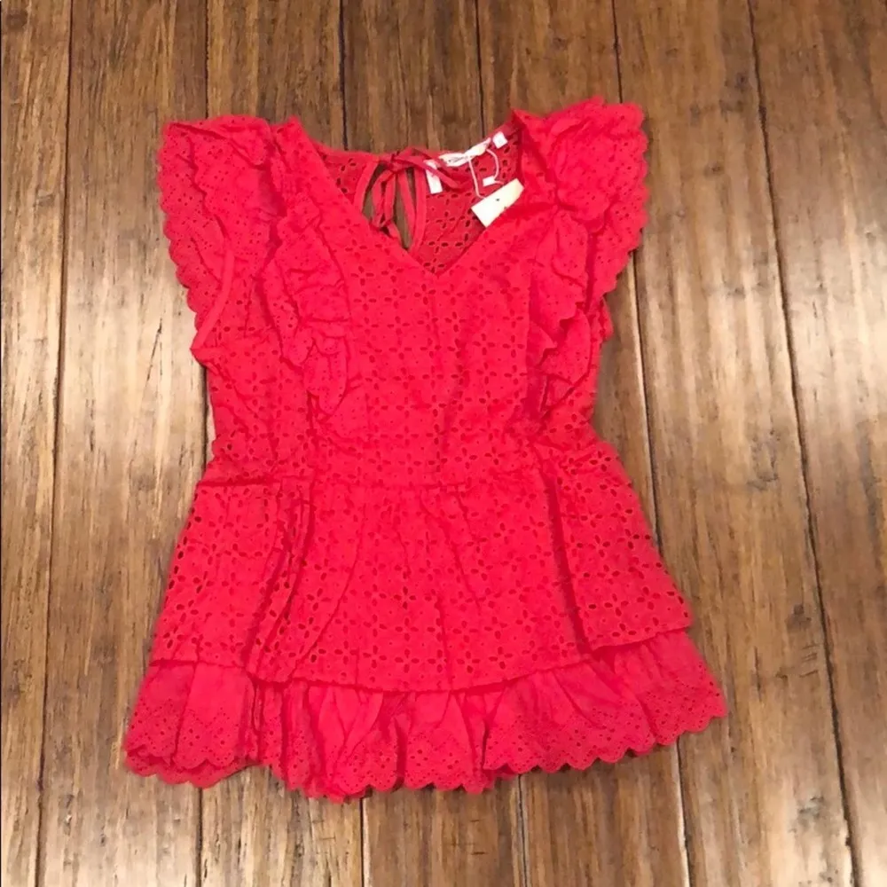 Ruffled Eyelet Top Red V Neck Blouse - Image 6
