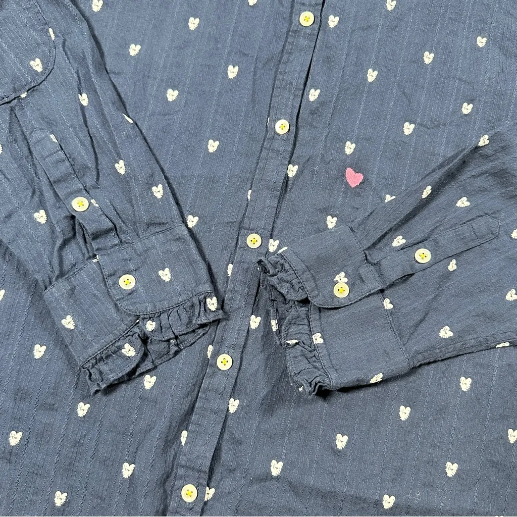 Kerri Rosenthal Women’s Mia Ruffle Button Down Shirt Tiny Heart Print in Navy XL Blue - Image 7