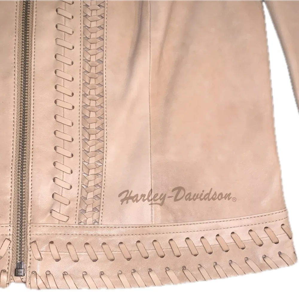 Harley Davidson Wanderlust Tan Cream Genuine Leather Moto Biker Jacket Size S - Image 5