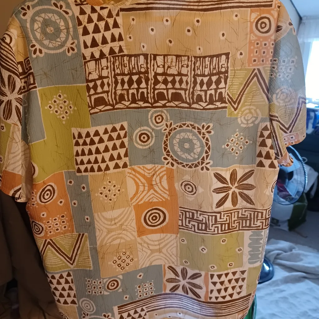 Alfred Dunner Tropical Tribal Sz 14 Sheer Blouse Button Down Short Sleev… Green - Image 6