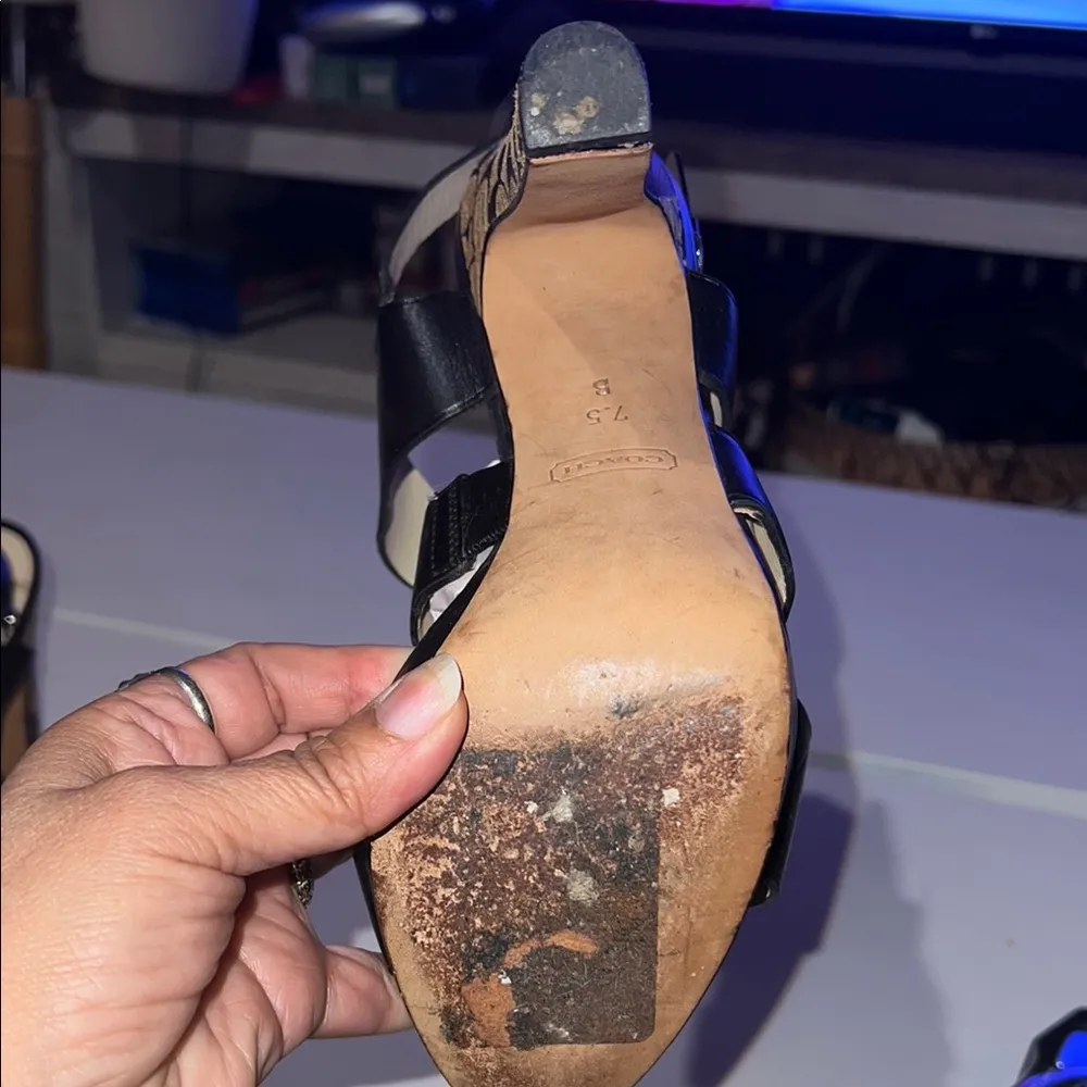 COACH Black Leather Bertta Platform Logo Monogram Slingback Heels Size 7.5 - Image 11