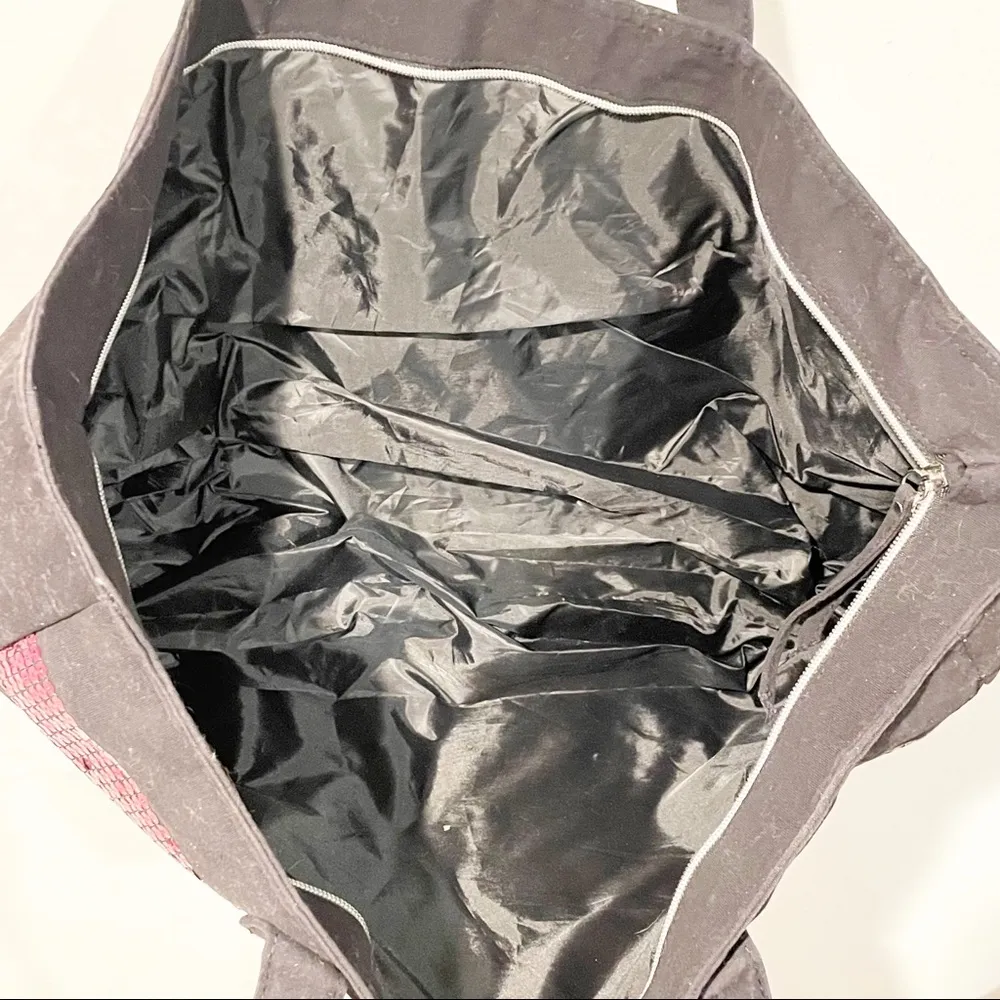 Victorias Secret Black Pink Sequin Stripe Tote Overnight Bag Zipper Closure - Image 4