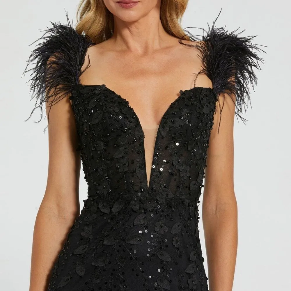MAC DUGGAL 20889 Womens Black Sheer Applique Bustier Gown  with Feather Straps - Image 4
