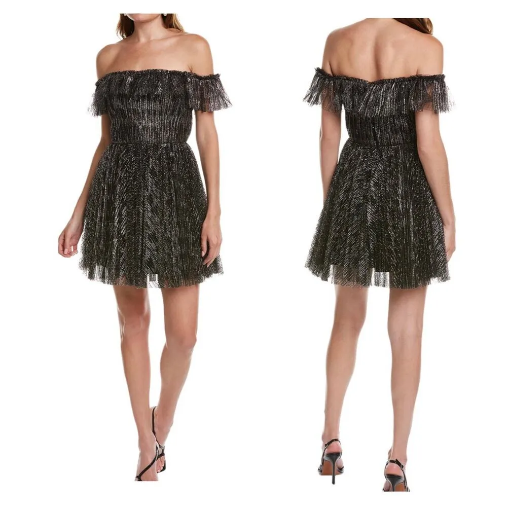 ML Monique Lhuillier Off-The-Shoulder Mini Dress Size 4 Glitter Tulle Cocktail - Image 14