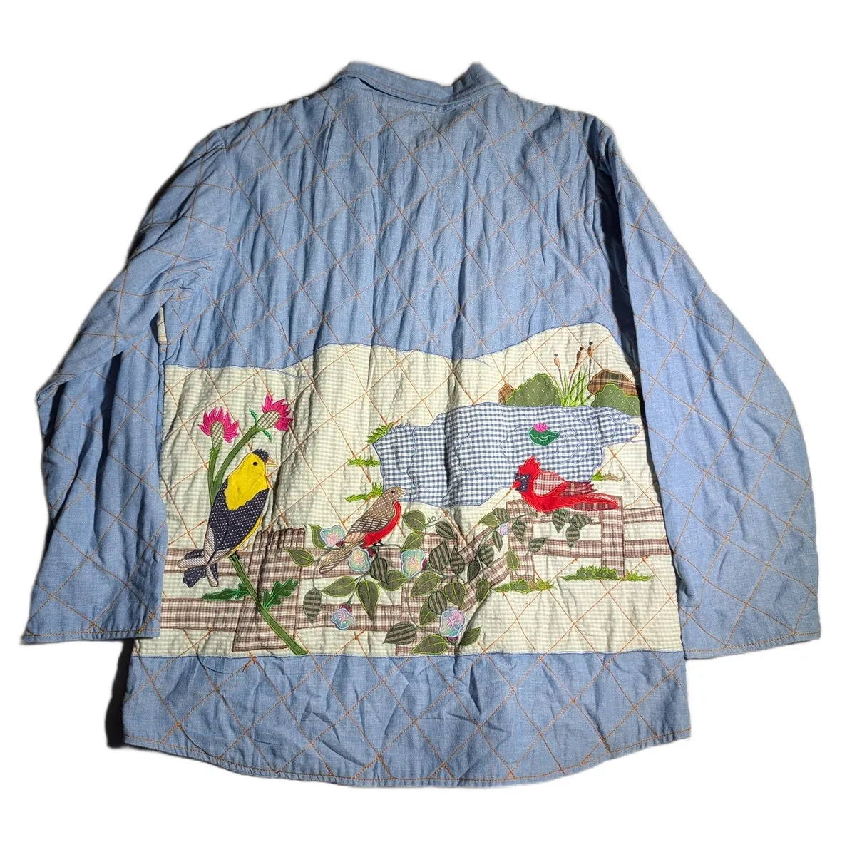 Vtg Y2K Patch Magic Blue Cotton Denim Quilted Bird Applique Barn Jacket Sz XL - Image 2