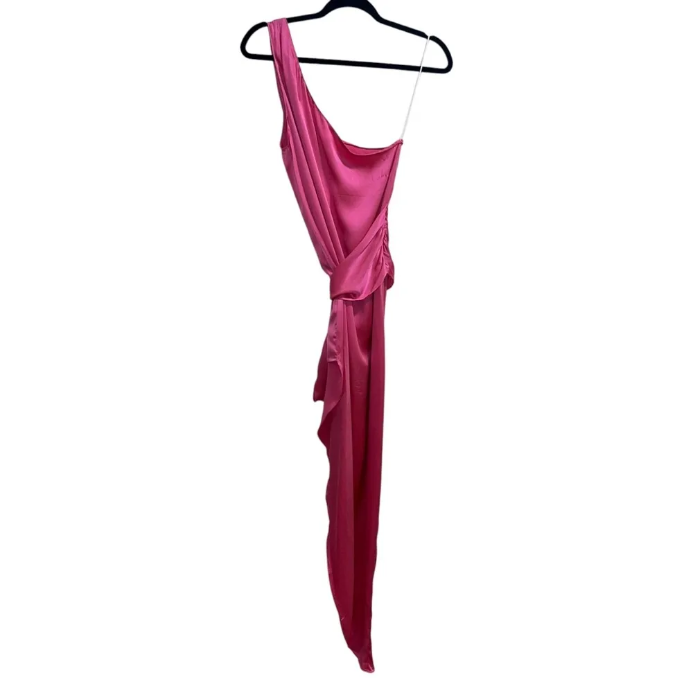 Palmira 100% Silk One Shoulder Wrap Maxi Dress In Pink Ribbon - Image 8