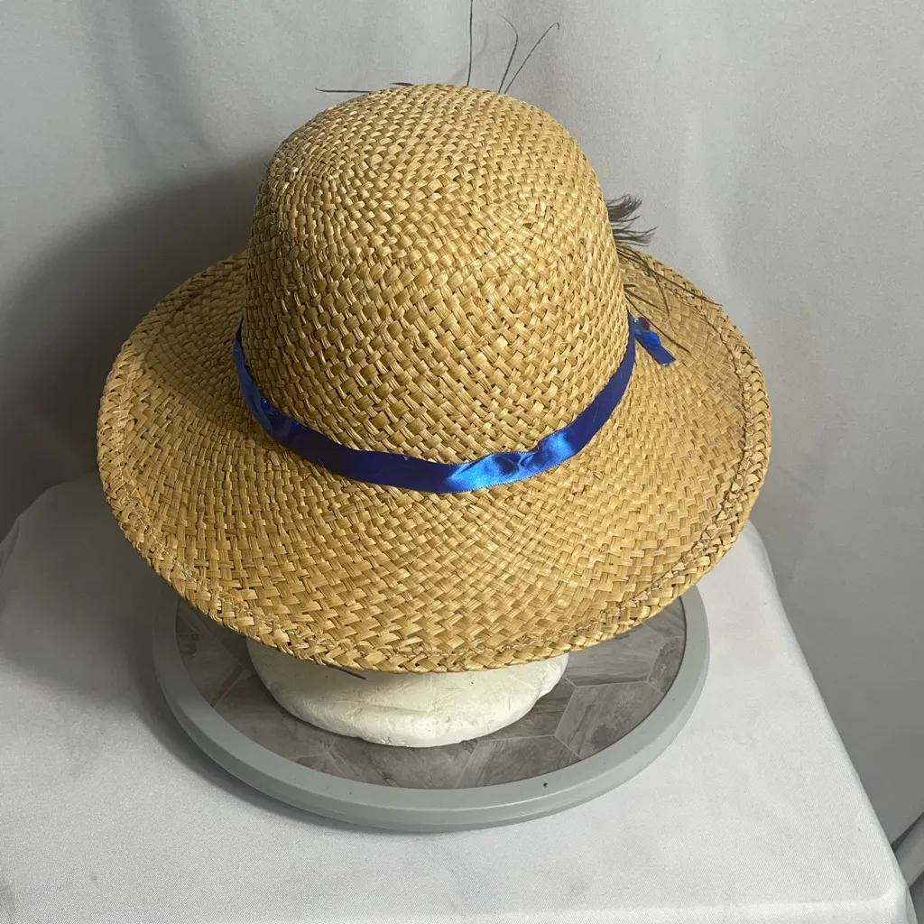 Vintage Straw Hat with Peacock Feather & Blue Ribbon Accent, Wide Brim Boho Tan - Image 4