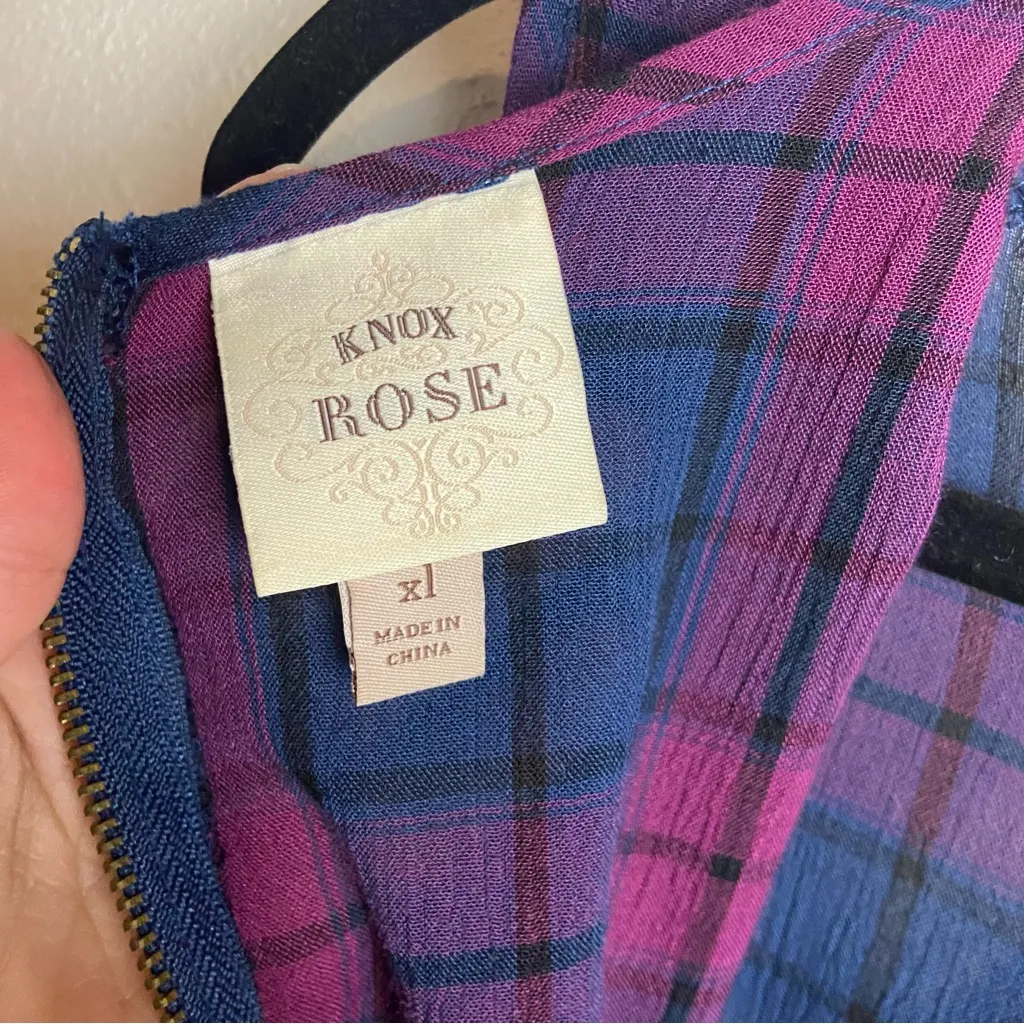 Knox Rose Size Xl Tank Top Plaid High Neck Lace Inlet Boho Layering Blue Pink - Image 9