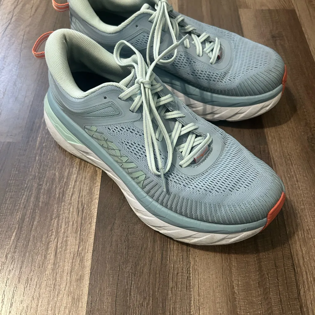 HOKA Women's Bondi 7 Wide Blue Fog/Coral Running Shoes - Image 3