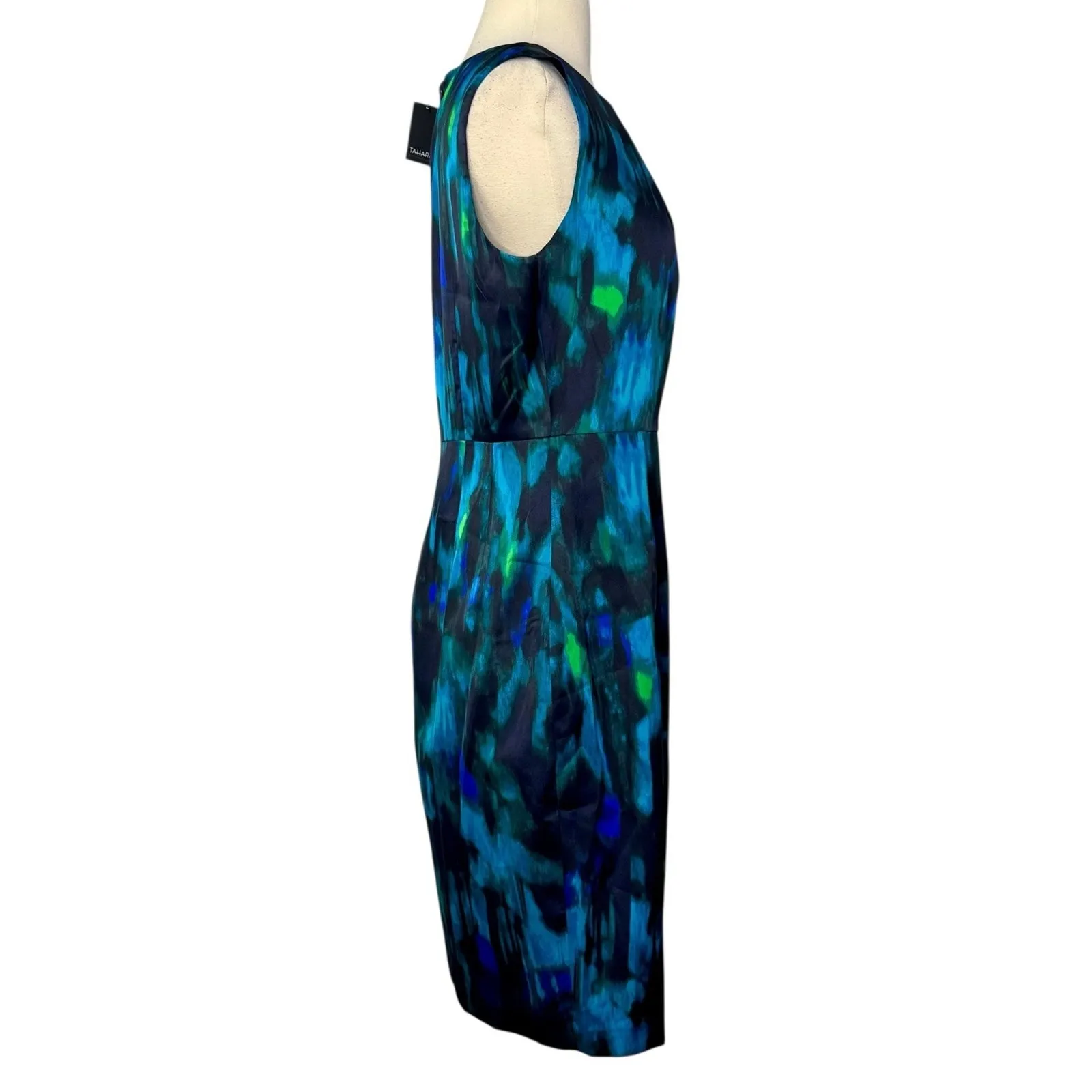 TAHARI Charma Silky Sheath Dress Midnight Dream Abstract Teal Blue Green Size 8 - Image 6