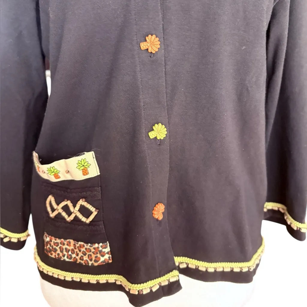 Ann Trinity Cotton Cardigan Sweater Beaded Embellishment Womens Small Artsy Black - Image 4