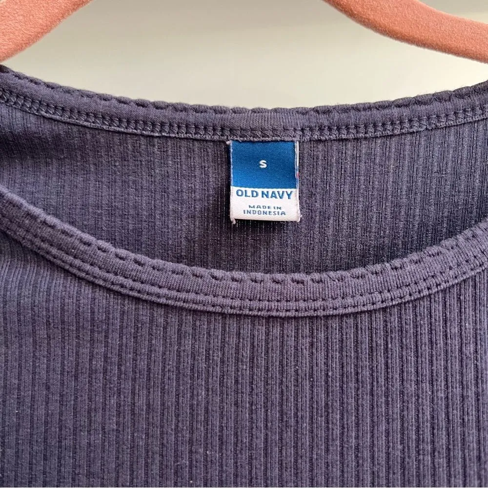 Ribbed Navy Blue Cotton Blend Tee Fitted Crew Neck Soft Size Small - Image 2