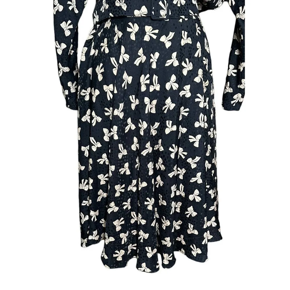 Vintage 80s Megan Barrett 100% Silk Black Bow Print Belted Secretary Dress Sz 12 - Image 4