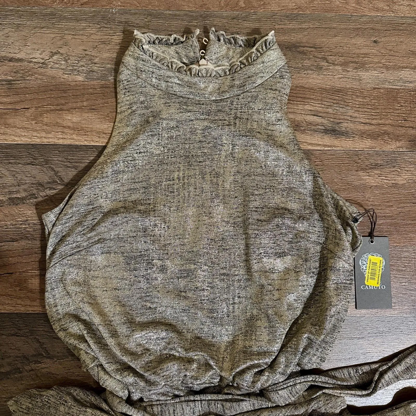 VINCE CAMUTO Gold Metallic Shiny Knit Belted Halter Jumpsuit Wide Leg Size 4 - Image 5