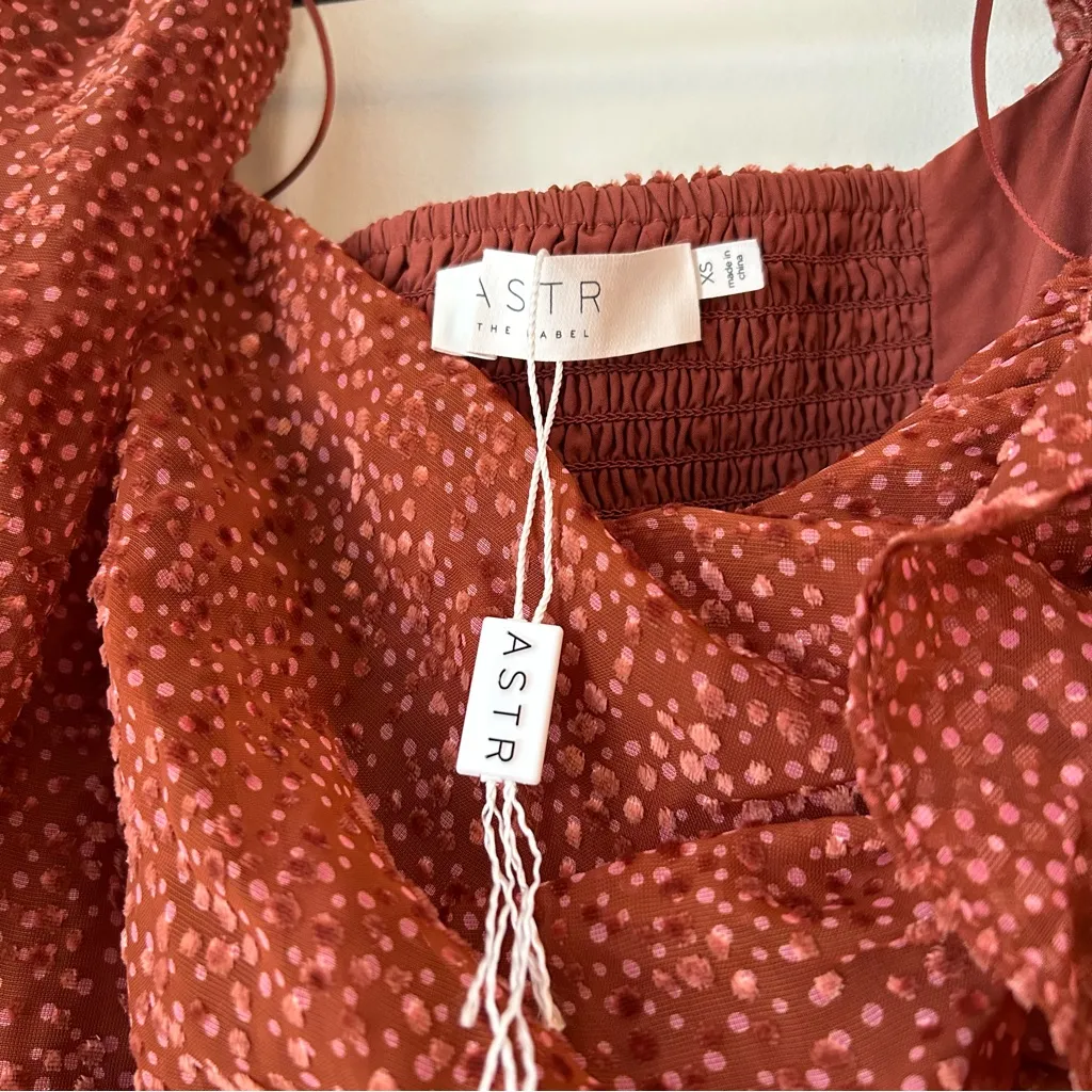 NEW ASTR The Label Cranberry Burnout Midi Ruffle Puff Sleeve Dress - Image 7