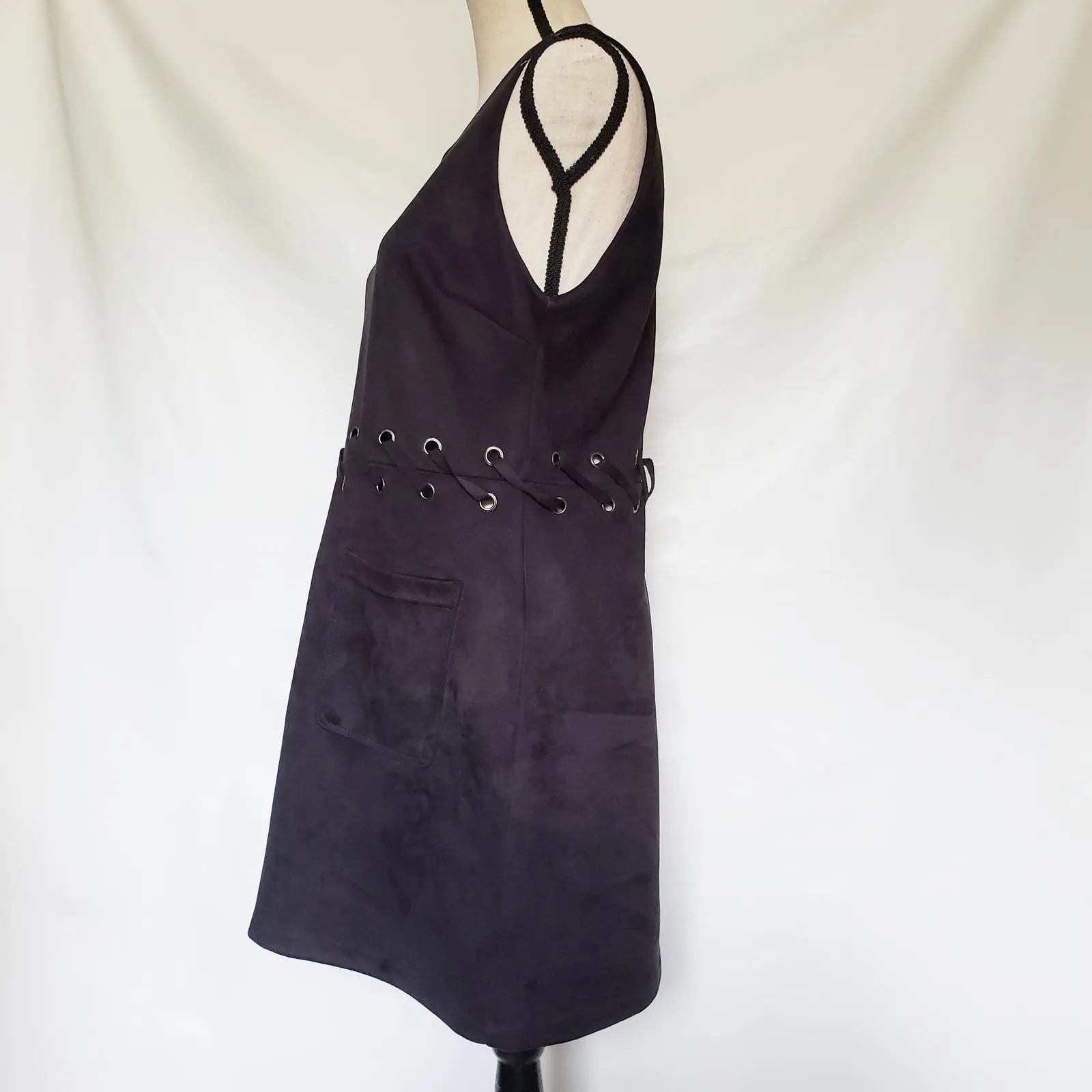 Cotton Candy Faux Suede Dress Sz L Y2K Grunge Festival Goth Grommet Academia Black Size L - Image 6