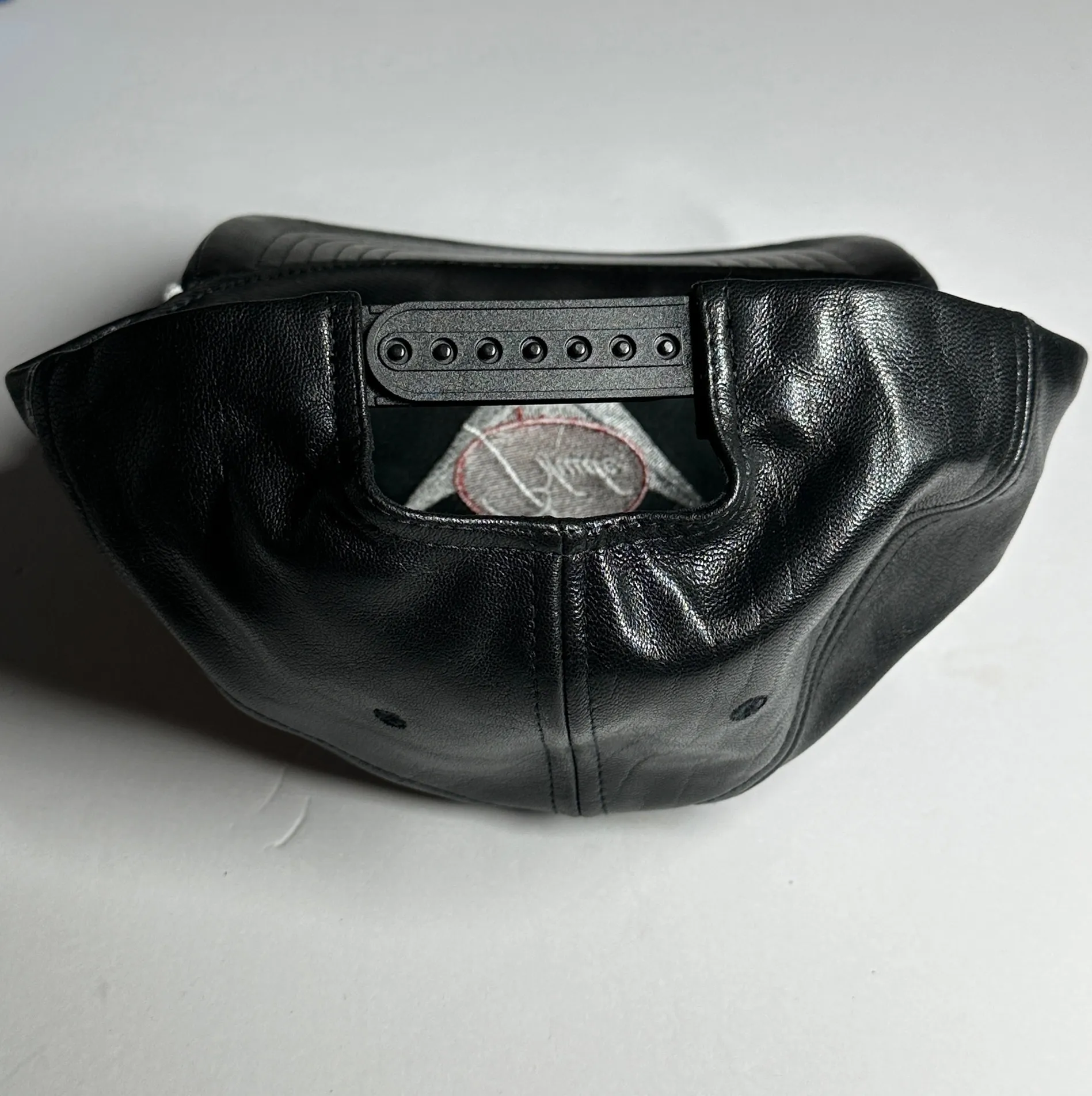 Rhude PS21 Classic Hat Black Leather baseball cap with multicolor embroidered racing logo on front - Image 3