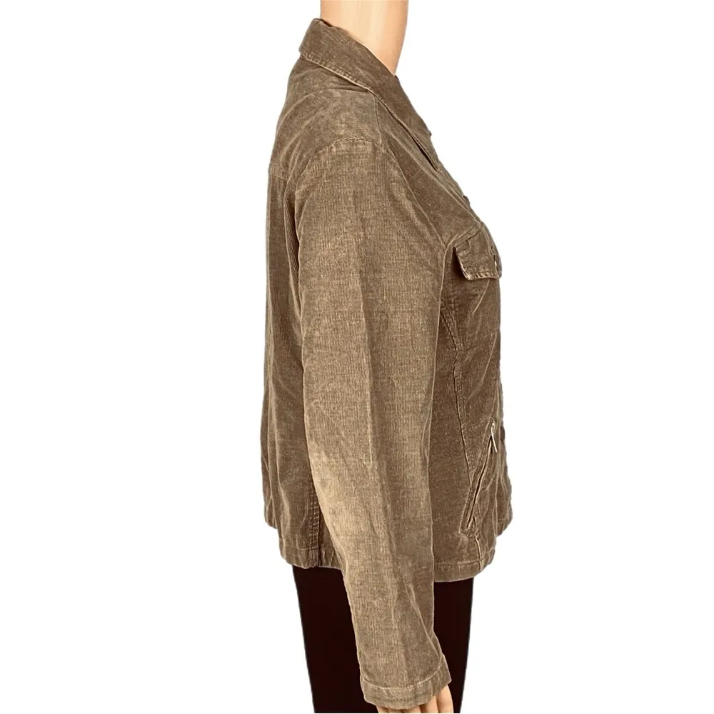 TALBOTS PETITES Army Green Khaki Brown Corduroy button Jacket Pockets Small EUC - Image 3