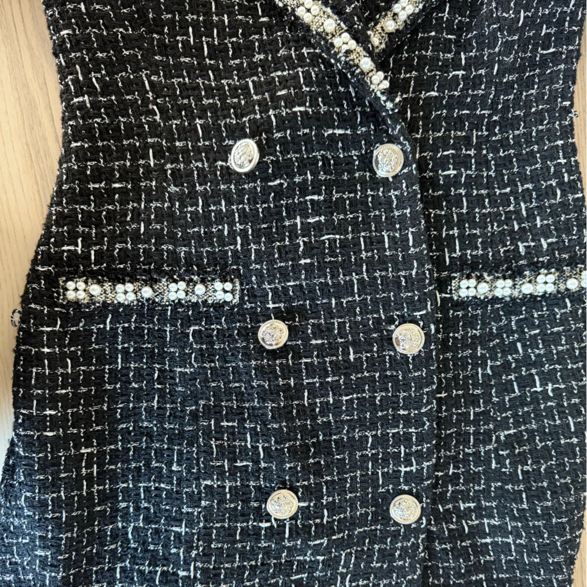 Black Tweed Pearl Rhinestone Blazer Dress Jacket Double Breasted women size S - Image 9