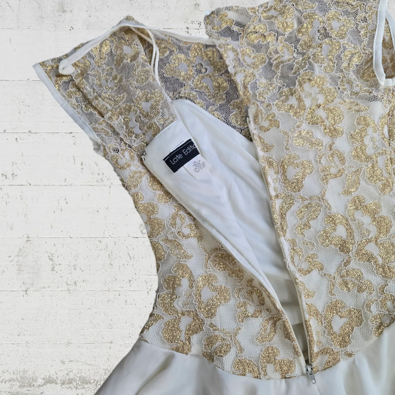 Vintage 1980s Lace Party Dress Ivory Gold USA Made Deadstock Fit Flare Size 4 White - Image 11