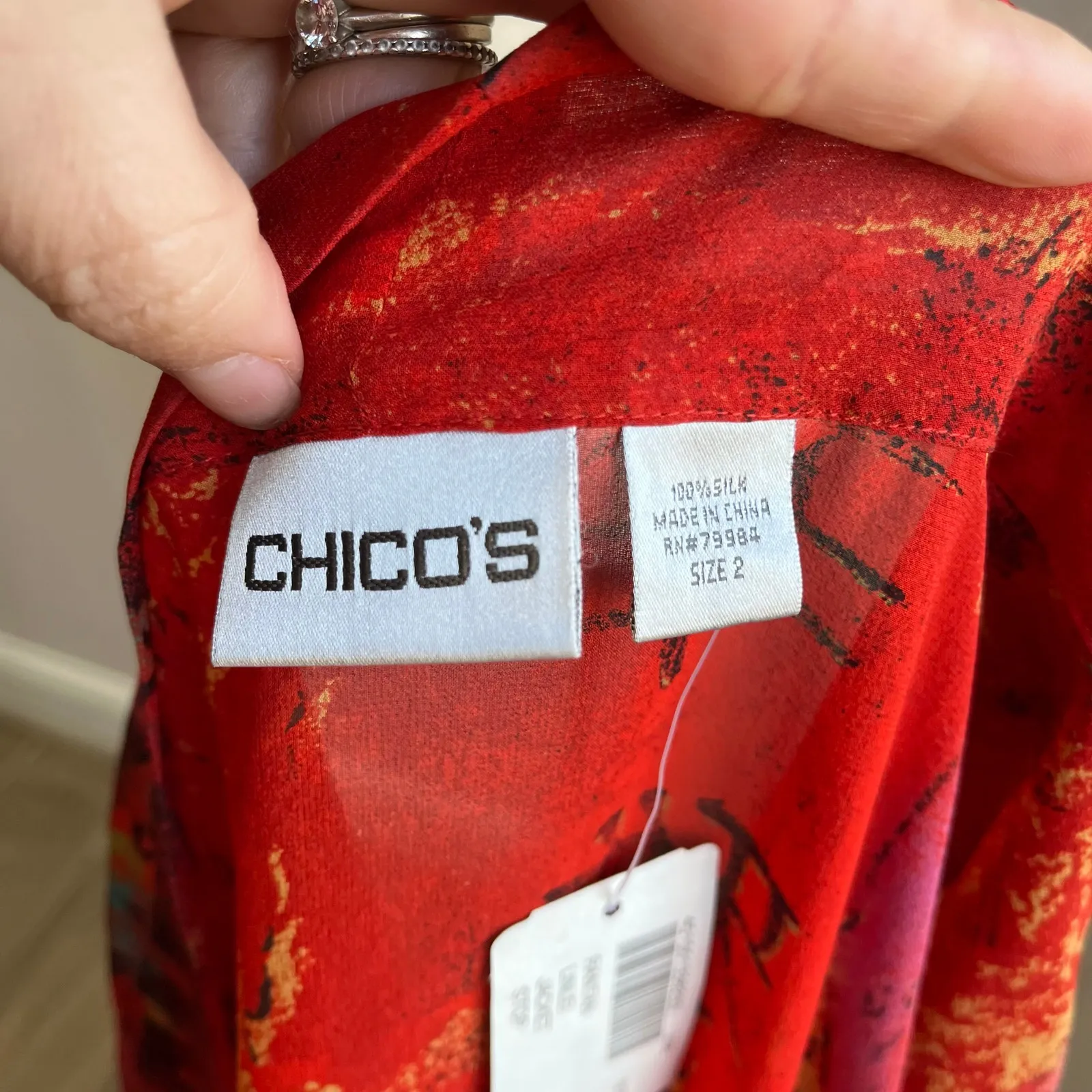 Chico’s 100% Silk Front Tie Kimono Jacket Size 2 L/12 NWT Boho Art Print - Image 4