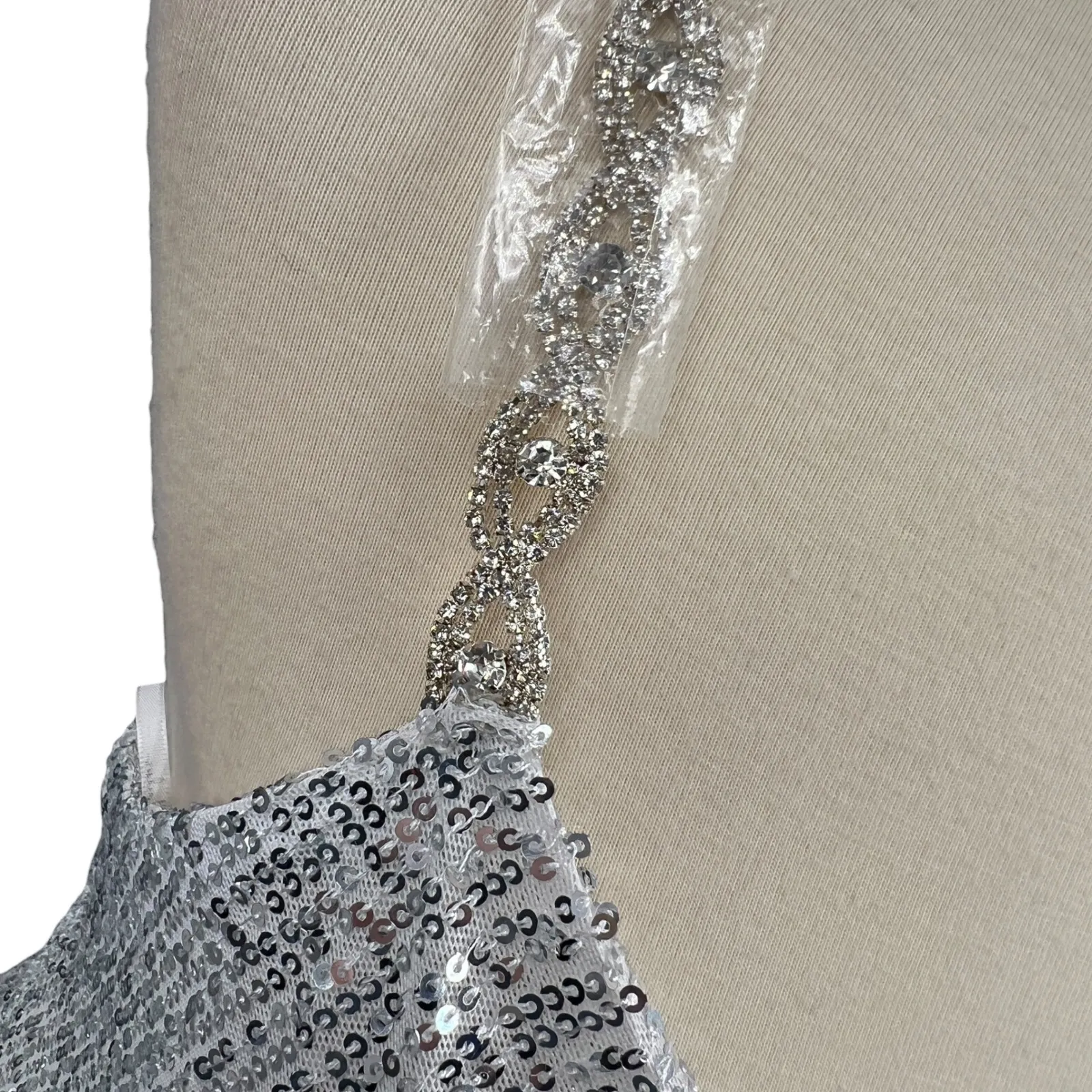 Lulus Silver Sequin Mini Dress Rhinestone Straps Cowl Neck Party Size L New - Image 5