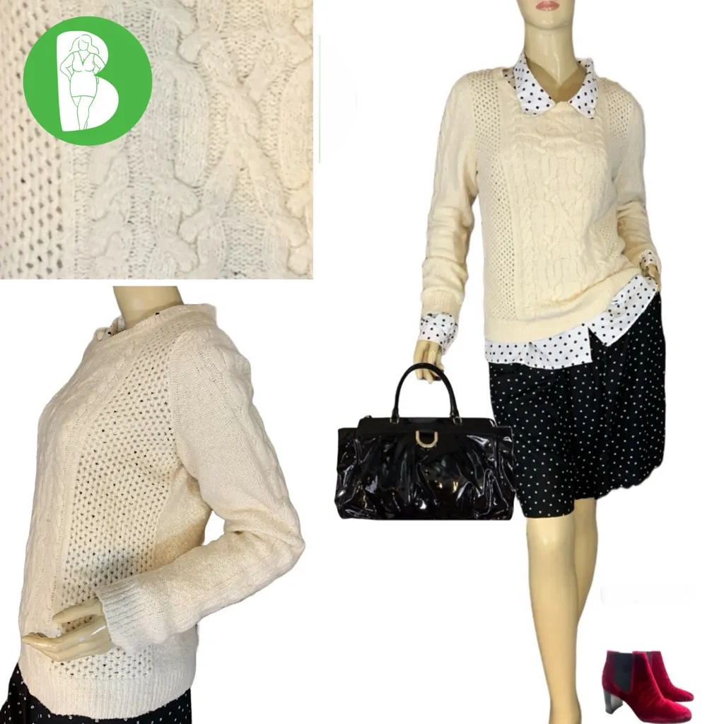 ANN TAYLOR CREAM CABLE KNIT COTTON & WOOL BLEND CREW NECK SWEATER (S) - Image 2