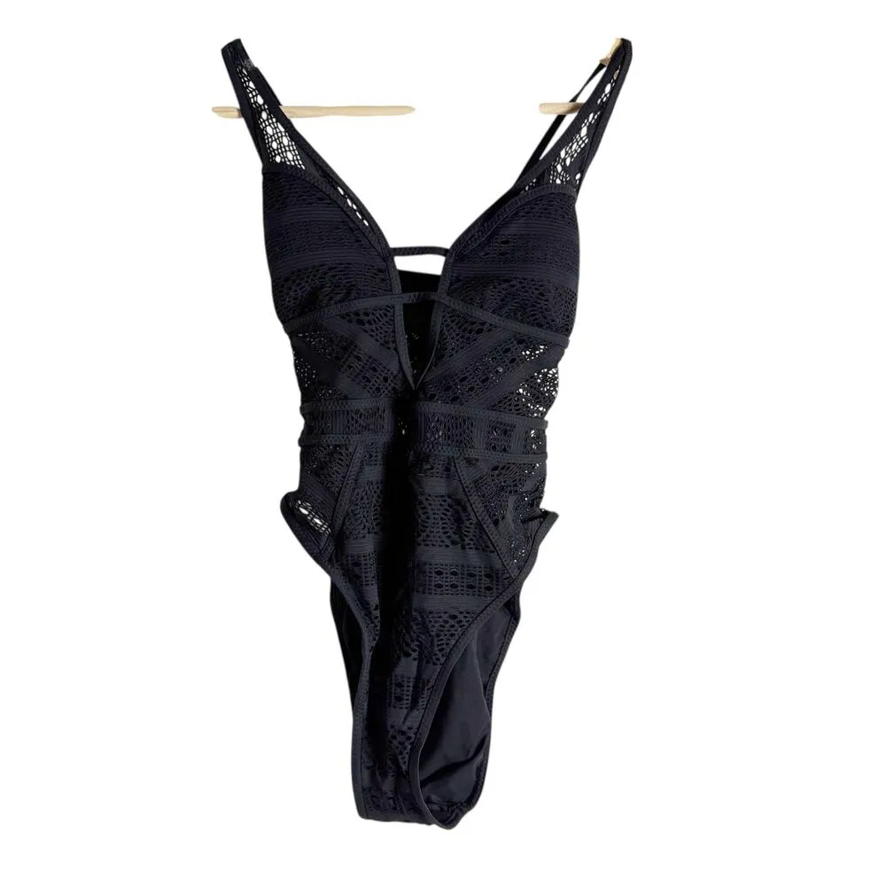 Becca Rebecca Virtue Color Play Black Crochet Plunge One-Piece Swimsuit Size M - Image 3