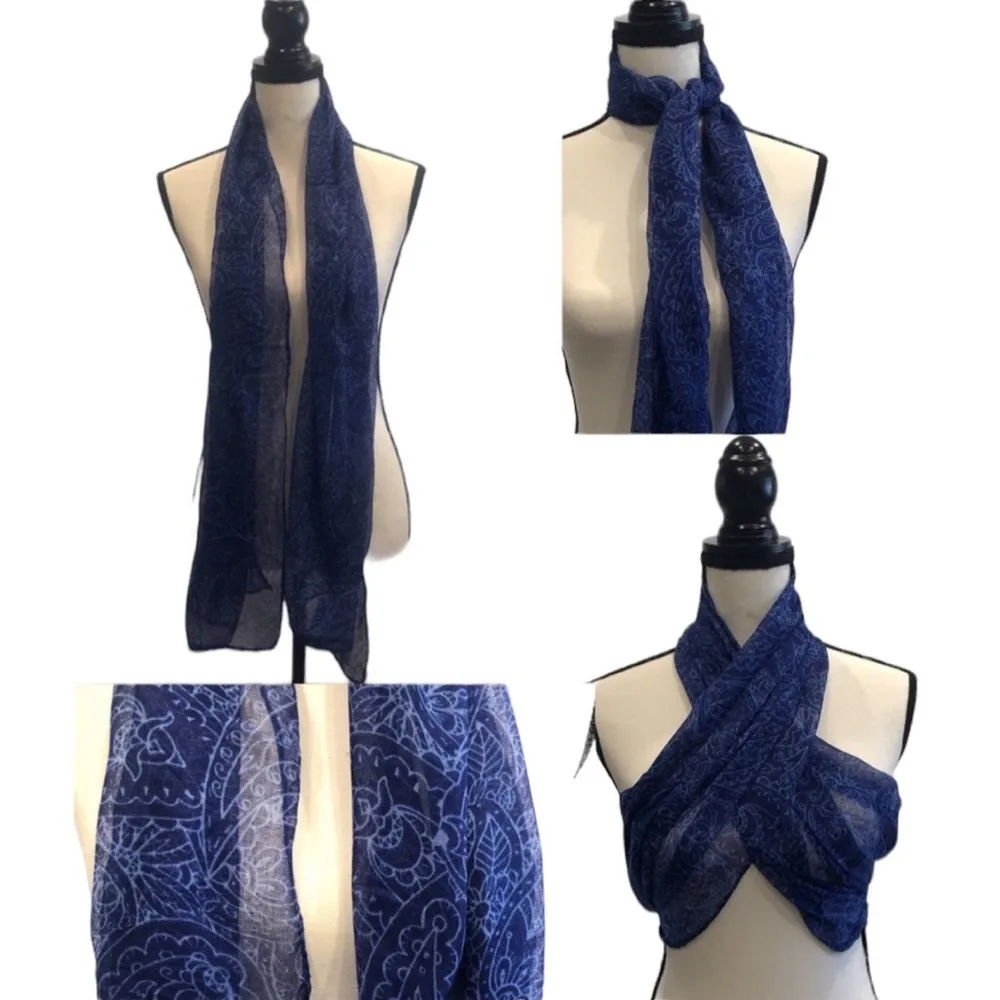 Blue Long Semi Sheer Scarf Paisley Floral Printed Sarong Wrap 19 x 65 inches - Image 6