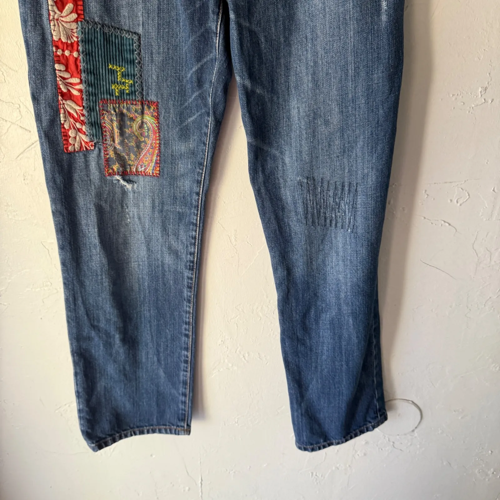 Cabi Jeans Size 4 Patchwork‎ Embellished Denim Pants Unique Bohemian Blue - Image 3