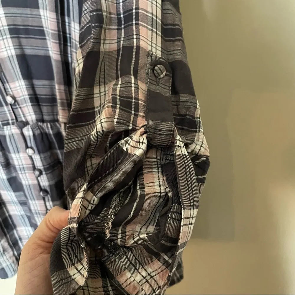 Grey Plaid Babydoll Rayon Twill Button-Front Top - Image 11