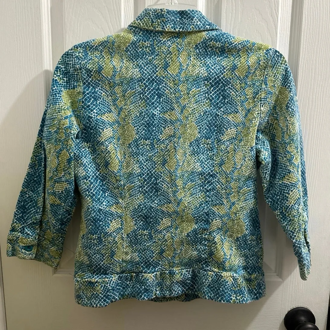 Kelly Scott Blue and Green Python Snake Print Pattern Knit Jacket - Image 2