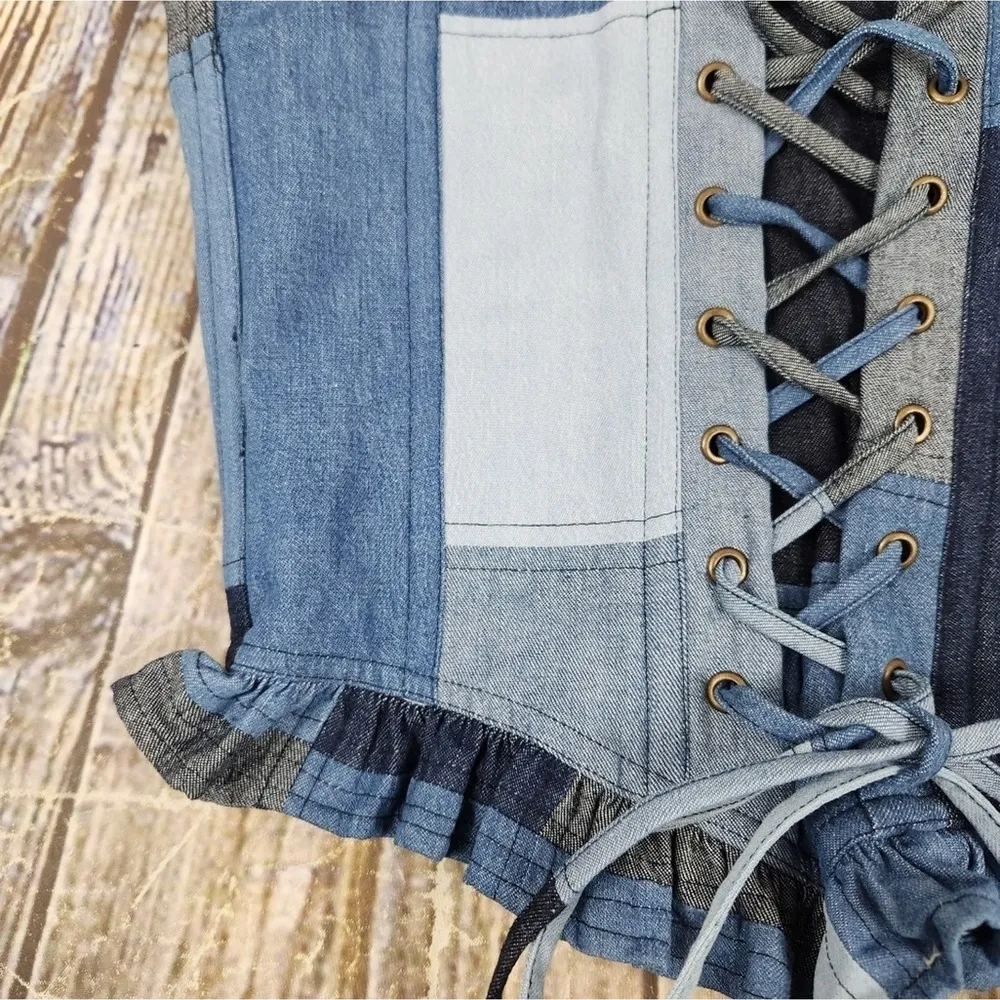 Love the Label Valeria Corset Top in Denim Patchwork Blue Size Small Strapless - Image 10