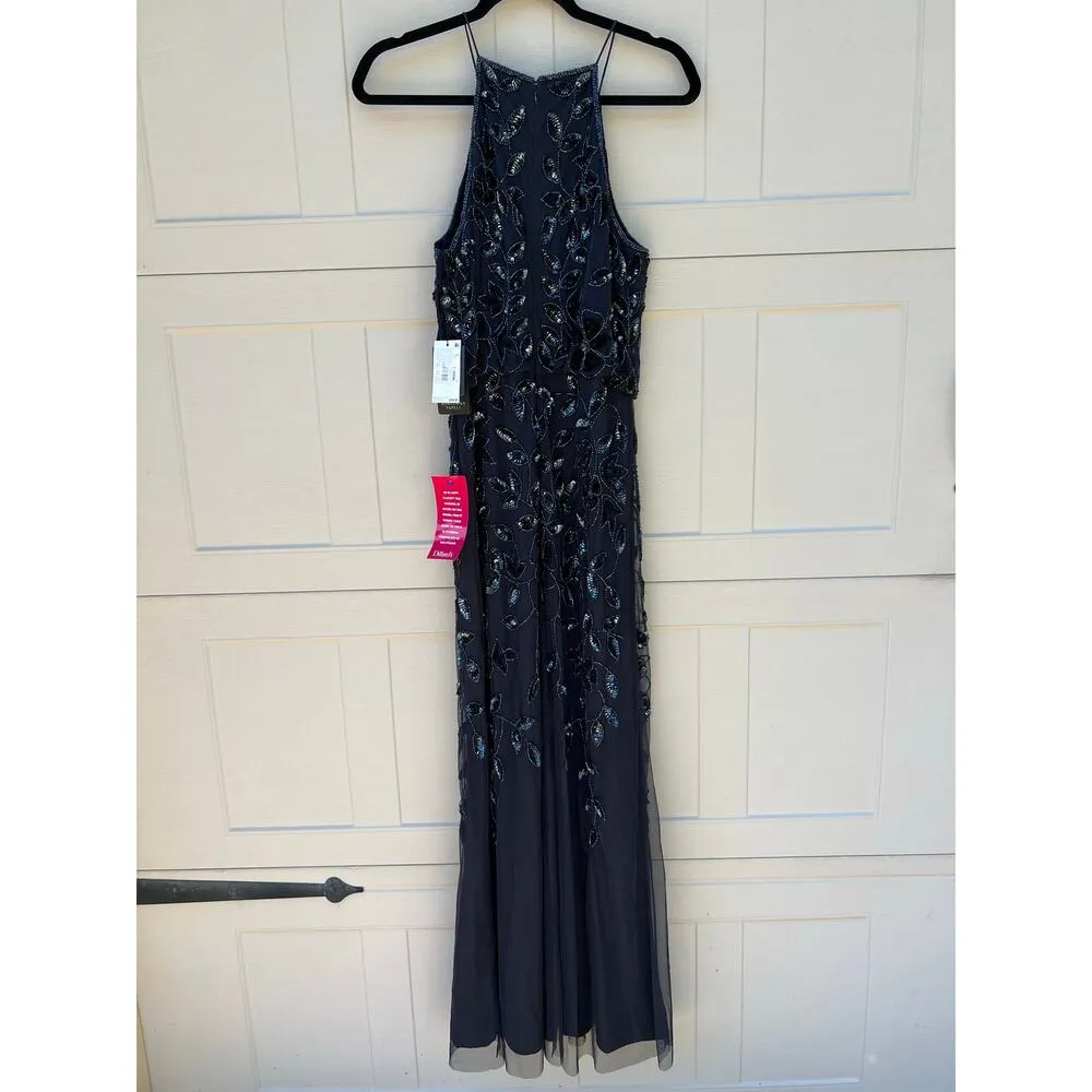 NWT Adrianna Papell Navy Twilight Floral Beaded Halter Floor Length Dress Sz 10 - Image 7