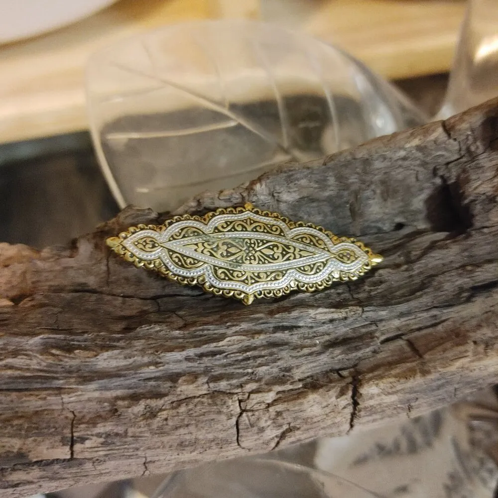 Antique Vintage Damascene Art Deco Gold Tone Silver Filigree Bar Brooch Pin FLAW - Image 7