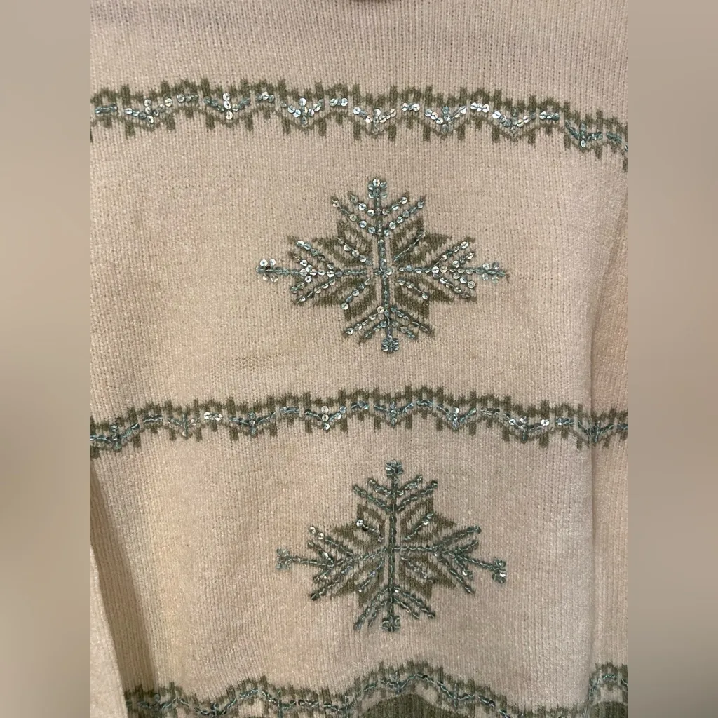 VTG JENNY Size L Snowflake Sweater Beaded Sequin Knit Winter Holiday Green Cream Size L - Image 5