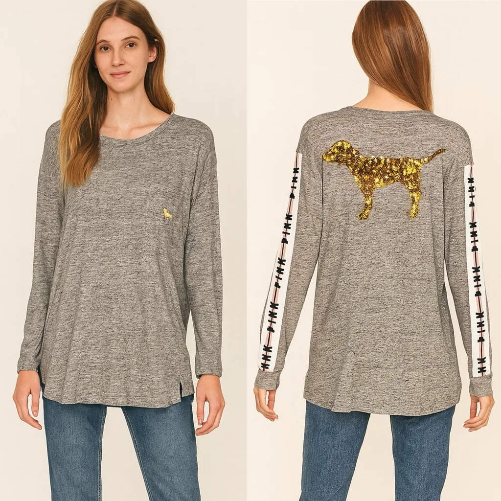 Victoria’s Secret PINK Grey Gold Sequin Dog Logo Long Sleeve Tee Shirt Size M - Image 2