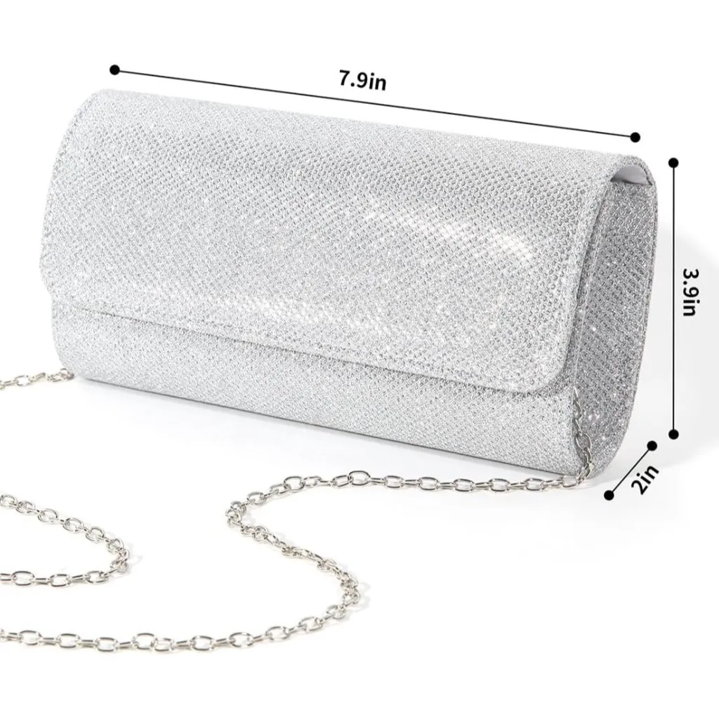 ⚡ Women's Silver Evening Sparkling Button Closure Party Wedding Clutch Handbag - Image 6