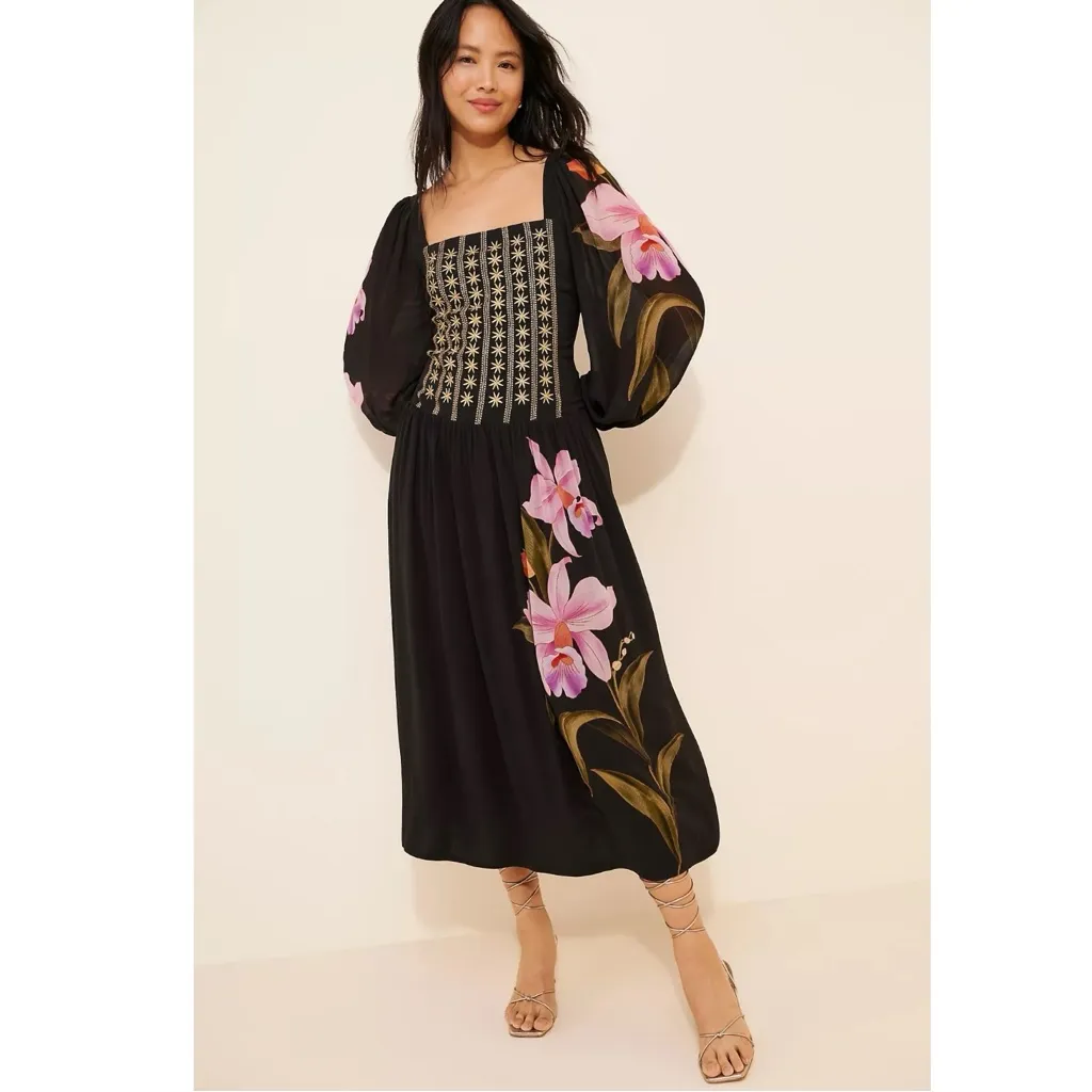 FARM Rio Embroidered Goddess Orchid Floral Long Sleeve Midi Dress Black Medium - Image 10