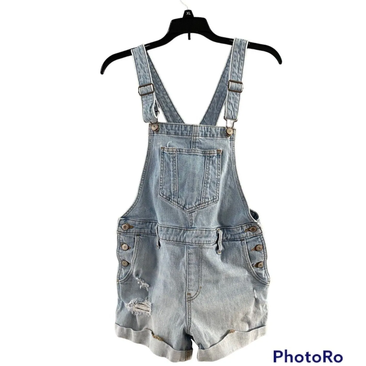 Old Navy Shortalls Womens Small Blue Shorts Bib Overalls Cuffed Distressed 30x3 - Image 2