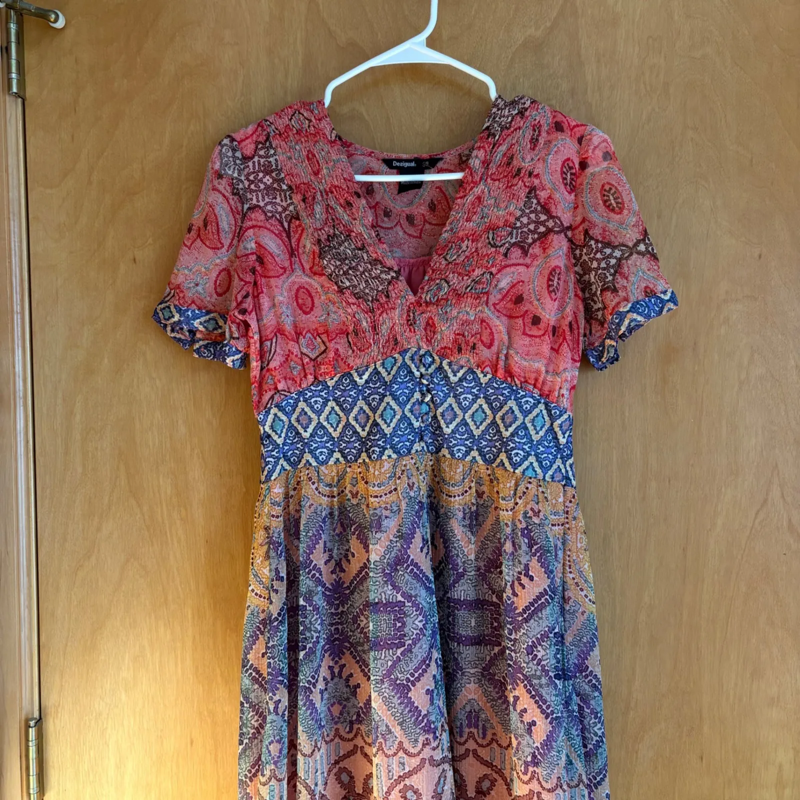 Desigual Maxi Dress Bohemian Paisley Print V Neck Short Sleeve High Low Size 36 - Image 5