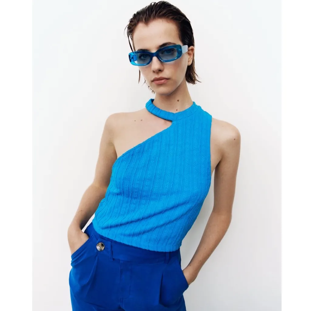 NWT ZARA CUT OUT CABLE KNIT CROP TOP BLOGGERS FAV BLUE Small - Image 2